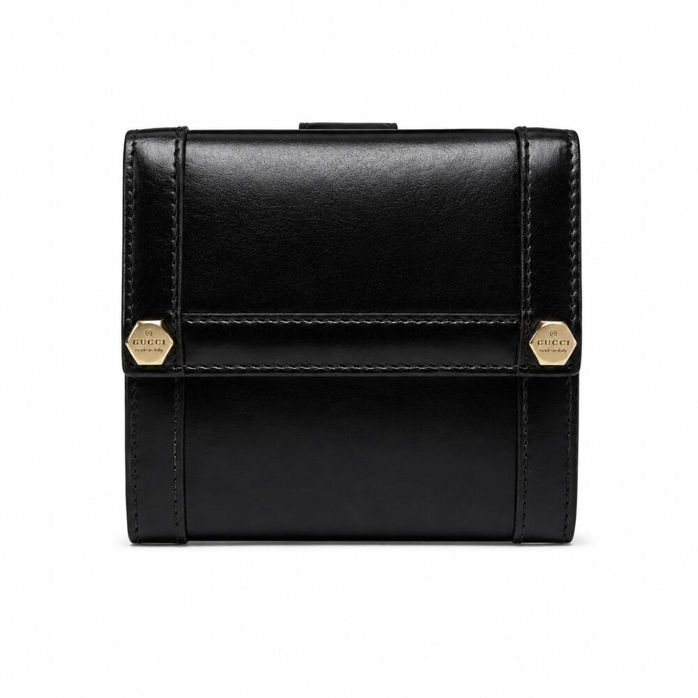 Gucci Vintage Black Calfskin Leather GG Studded Compact Wallet Italy